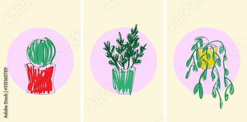 Set of posters with plants and purple circles. Vector isolated line art flowerpots with colorful background. Modern minimalism.