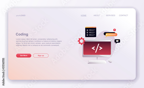 Programming concepts, coder workplace, vector illustration. Web site landing page template.