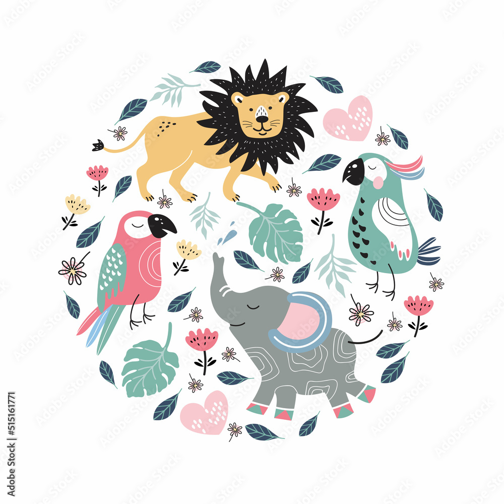 Round emblem with colorful parrots, lion and elephant. Tropical birds. Children's illustration. Round emblem with colorful parrots, lion and elephant. Tropical birds. Children's illustration.