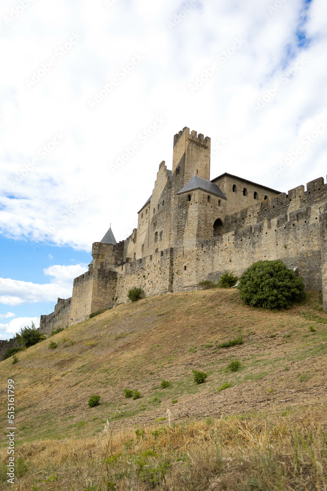 Vertical picture  of Carcassonne castlein France in the top of the hill