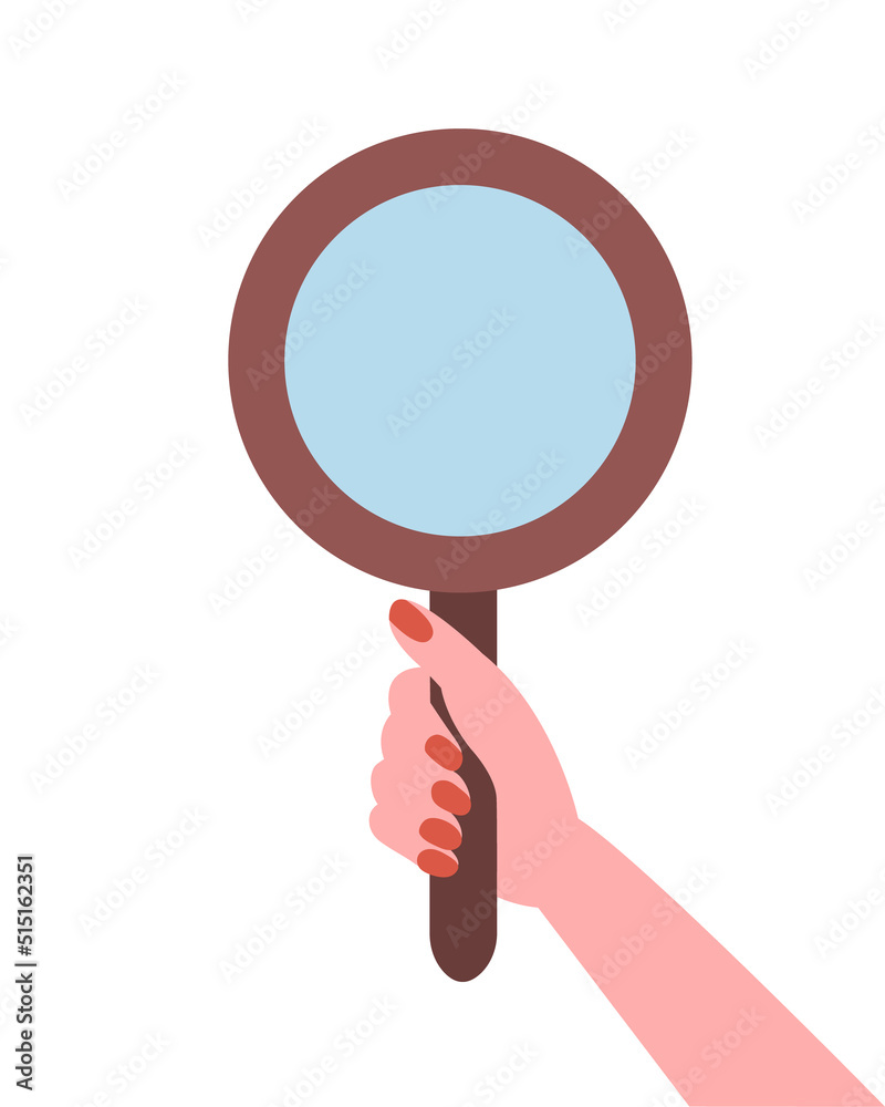 Female hand holding round mirror vector illustration. Flat design round mirror illustration Female hand holding round mirror vector illustration. Flat design round mirror illustration