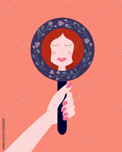 Beautiful woman looking in mirror and smiling. Flat style woman holding mirror in hand and looking vector illustration