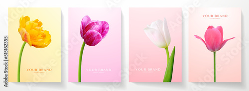 Summer cover design set. Red, purple, white tulip flower on colourful background. Elegant vector template for wedding invitation, summer sale, holiday celebration for womens day