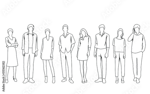 Vector silhouettes of  men and a women, a group of standing  business people,  linear sketch, black and white color isolated on white background