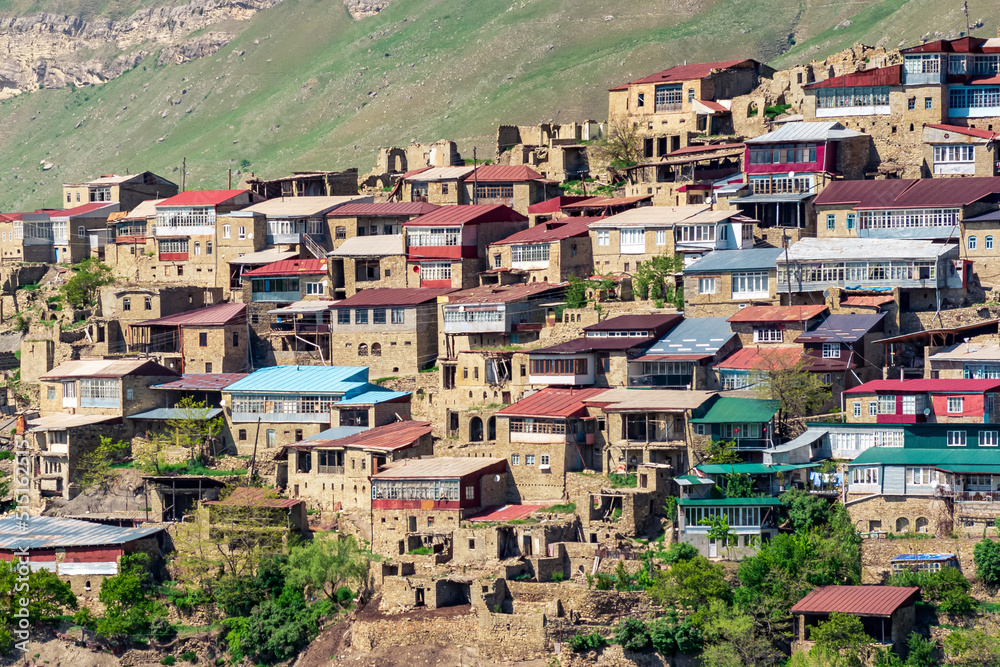 view of the mountain village Chokh on a mountainside in Dagestan
