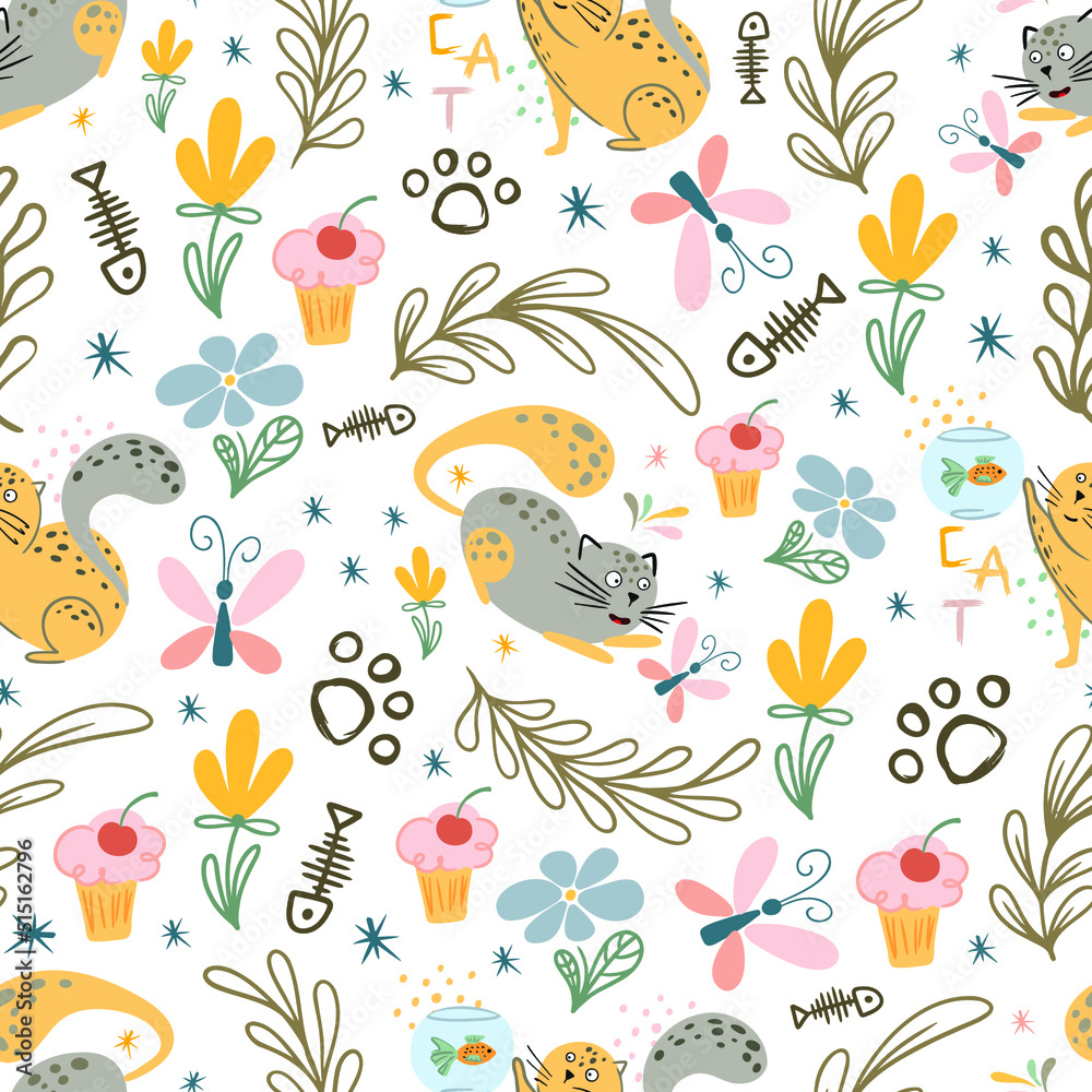 Kids seamless pattern with funny, cute cats, cat food and fish,cat paws on a white background. Vector illustration. Children's textiles Kids seamless pattern with funny, cute cats, cat food and fish,cat paws on a white background. Vector illustration. Children's textiles