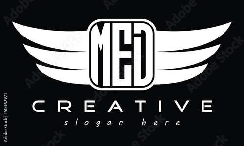 MED three Letter Wings Flying Initial wing symbol minimalist creative concept flag icon professional logo design Vector template with abstract black and white tattoo