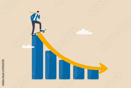 Prepare for economic down fall, collapse recession or financial crisis causing stock and crypto market to fall down concept, thoughtful businessman with skate board prepare to run down financial graph