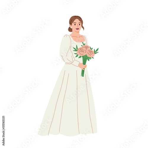 Elegant young bride in a wedding dress with a bouquet of flowers.Vector hand drawn illustration in flat cartoon style. Isolated on white background.