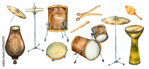 Fotografie Set of percussion musical instruments watercolor illustration isolated