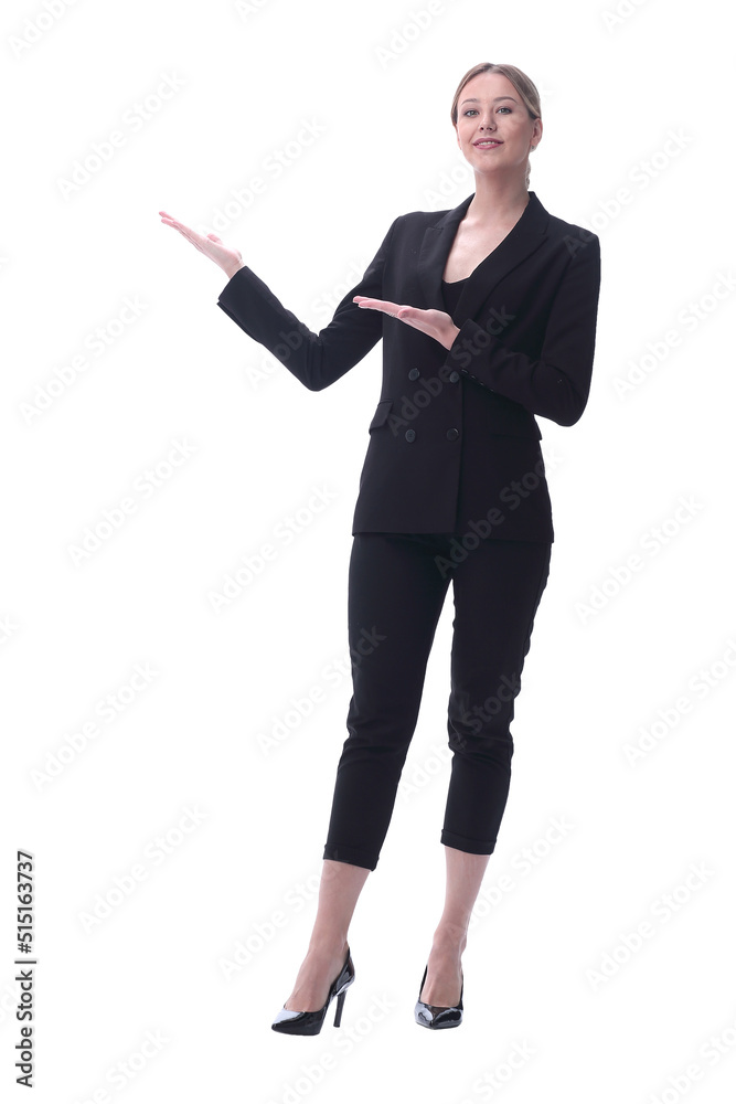young businesswoman showing on copy space. isolated on white young businesswoman showing on copy space. isolated on white