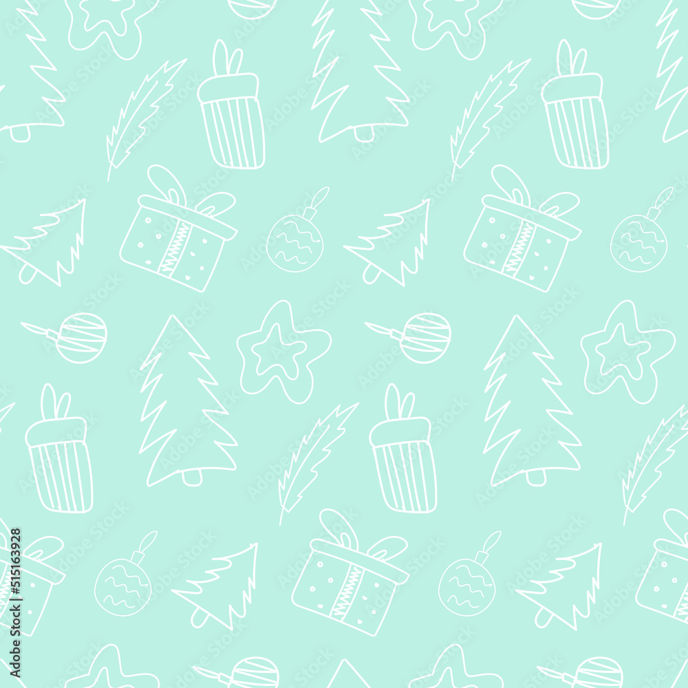 Christmas pattern with Christmas trees and gifts on a blue background.