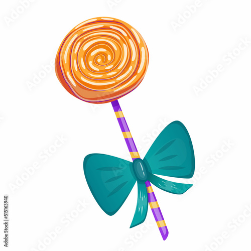 Halloween lollipop sweet candy isolated. Cartoon vector illustration.Sweet food. Festive dessert round spiral with bow