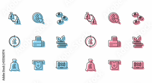 Set line Coin money with pound, ATM and, Currency exchange, Cryptocurrency, Credit card, Dollar plant, and dollar icon. Vector