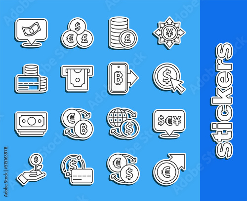 Set line Financial growth and euro, Currency exchange, Coin money with dollar, pound, ATM, Credit card, Stacks paper cash and Mining bitcoin from mobile icon. Vector