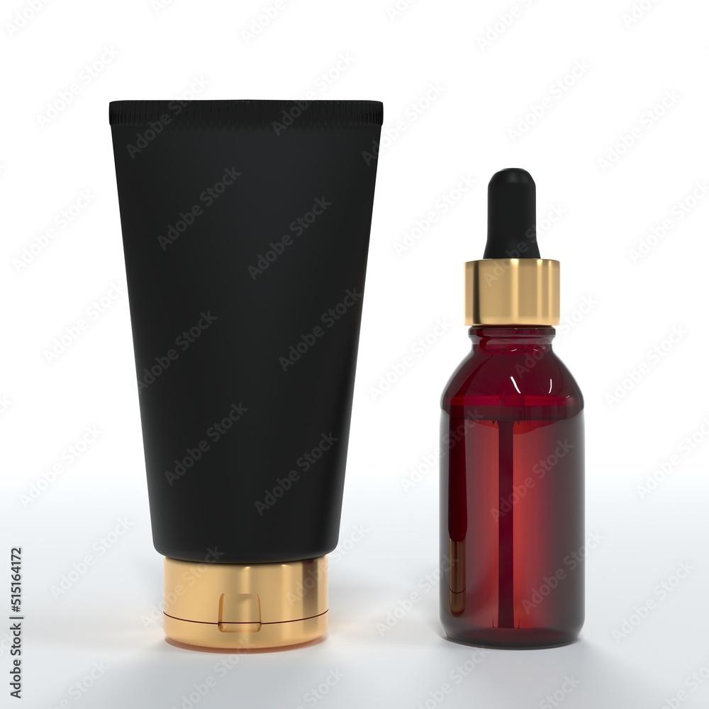 Cosmetic cream tube and serum bottle 3D render on white background, product packaging mock-up Cosmetic cream tube and serum bottle 3D render on white background, product packaging mock-up