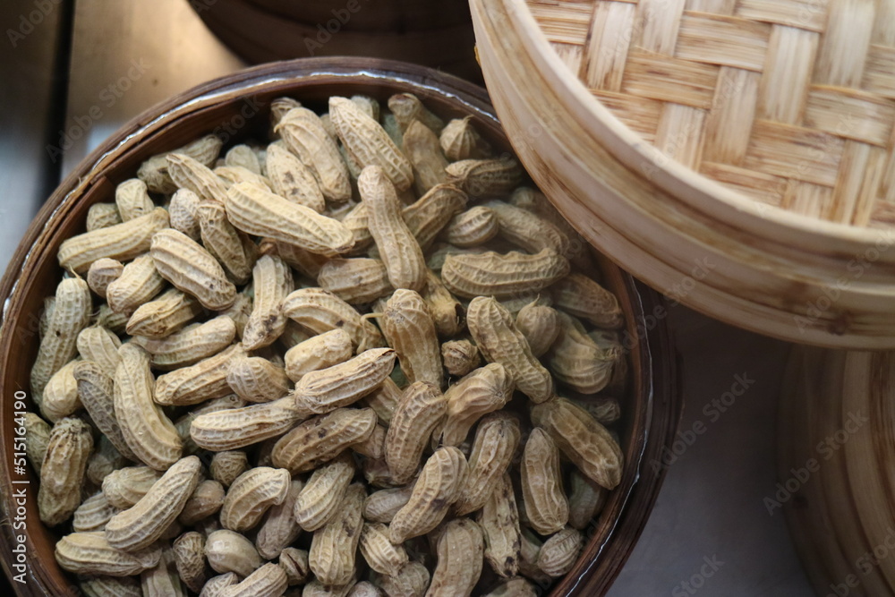 The steamer is full of shelled peanuts being cooked The steamer is full of shelled peanuts being cooked