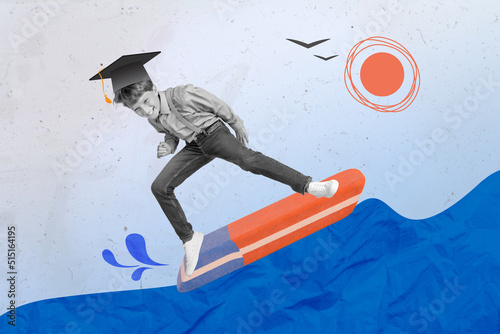 Sticker Creative collage illustration of mini boy black white effect surf big eraser pai