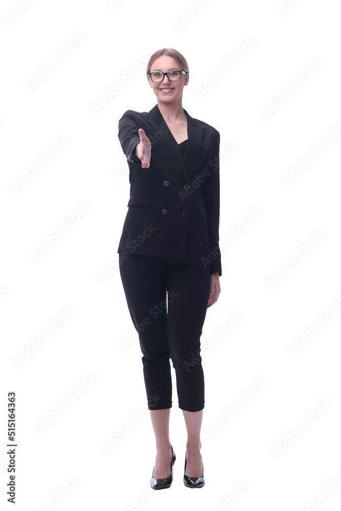 friendly businesswoman extending her hand for a handshake. isolated on white friendly businesswoman extending her hand for a handshake. isolated on white