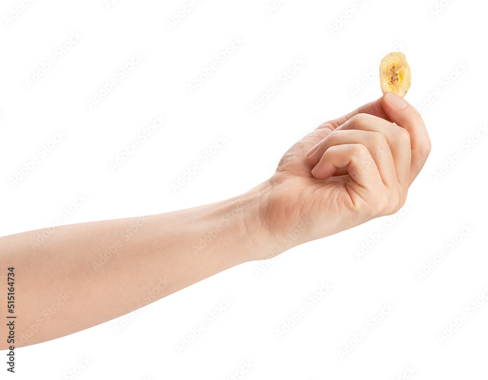 banana chips in hand path isolated on white banana chips in hand path isolated on white