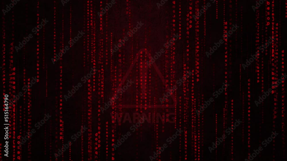 Digital, binary  Numbers Moving red code processing and a warning alert on red screen background.  Digital technology backdrop 4k animation.