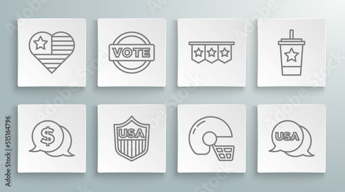 Set line Coin money with dollar, Vote, Shield stars, American football helmet, USA Independence day, Carnival garland flags, Paper glass straw and icon. Vector