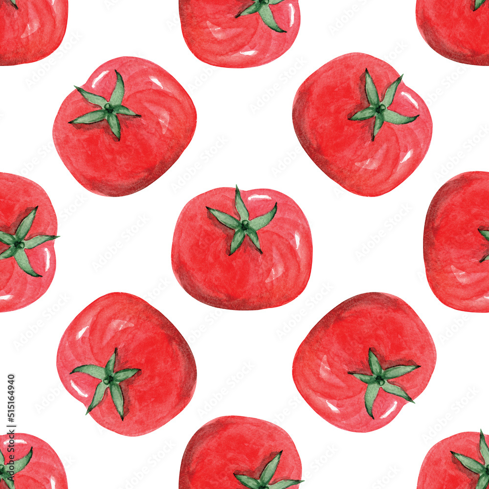 Fototapeta premium Watercolor red tomato seamless pattern on white background