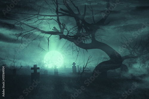 halloween background with old tree and tombstones in dark cemetery