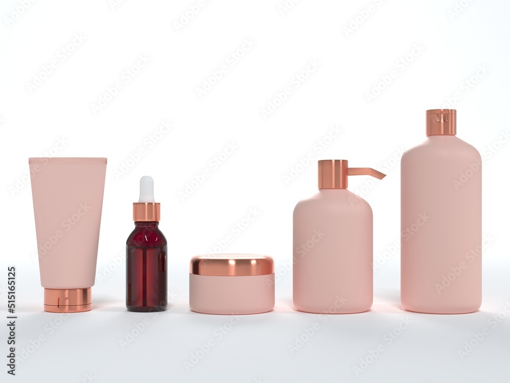 Cosmetic cream tube, jar with lid, liquid soap and shampoo, serum bottle 3D render on white background, different product packaging mock-up Cosmetic cream tube, jar with lid, liquid soap and shampoo, serum bottle 3D render on white background, different product packaging mock-up