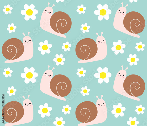 Vector seamless pattern of flat hand drawn snail and flower isolated on mint background