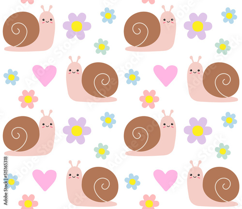 Vector seamless pattern of flat hand drawn snail and flower isolated on white background