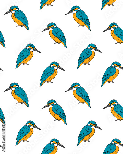 Vector seamless pattern of hand drawn doodle sketch colored kingfisher isolated on white background