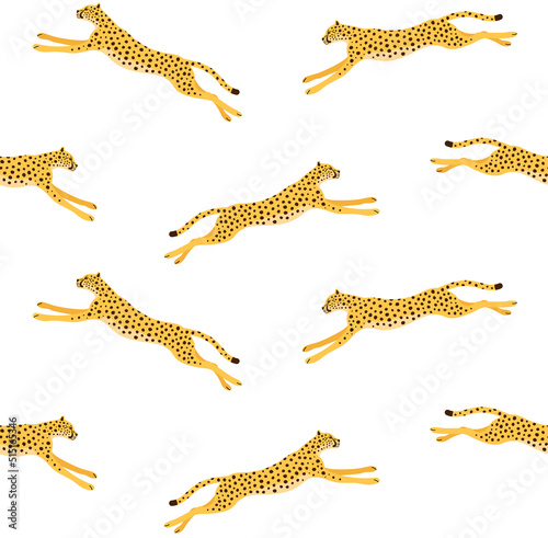 Vector seamless pattern of flat jumping cheetah isolated on white background