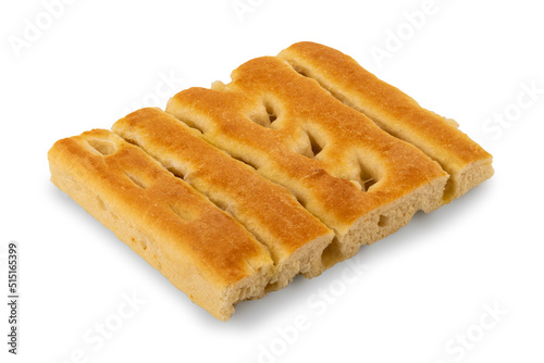 Focaccia bread ligurian tipical of Genova - bread of sourdough and olive oil - square slice isolated on white, clipping path included photo
