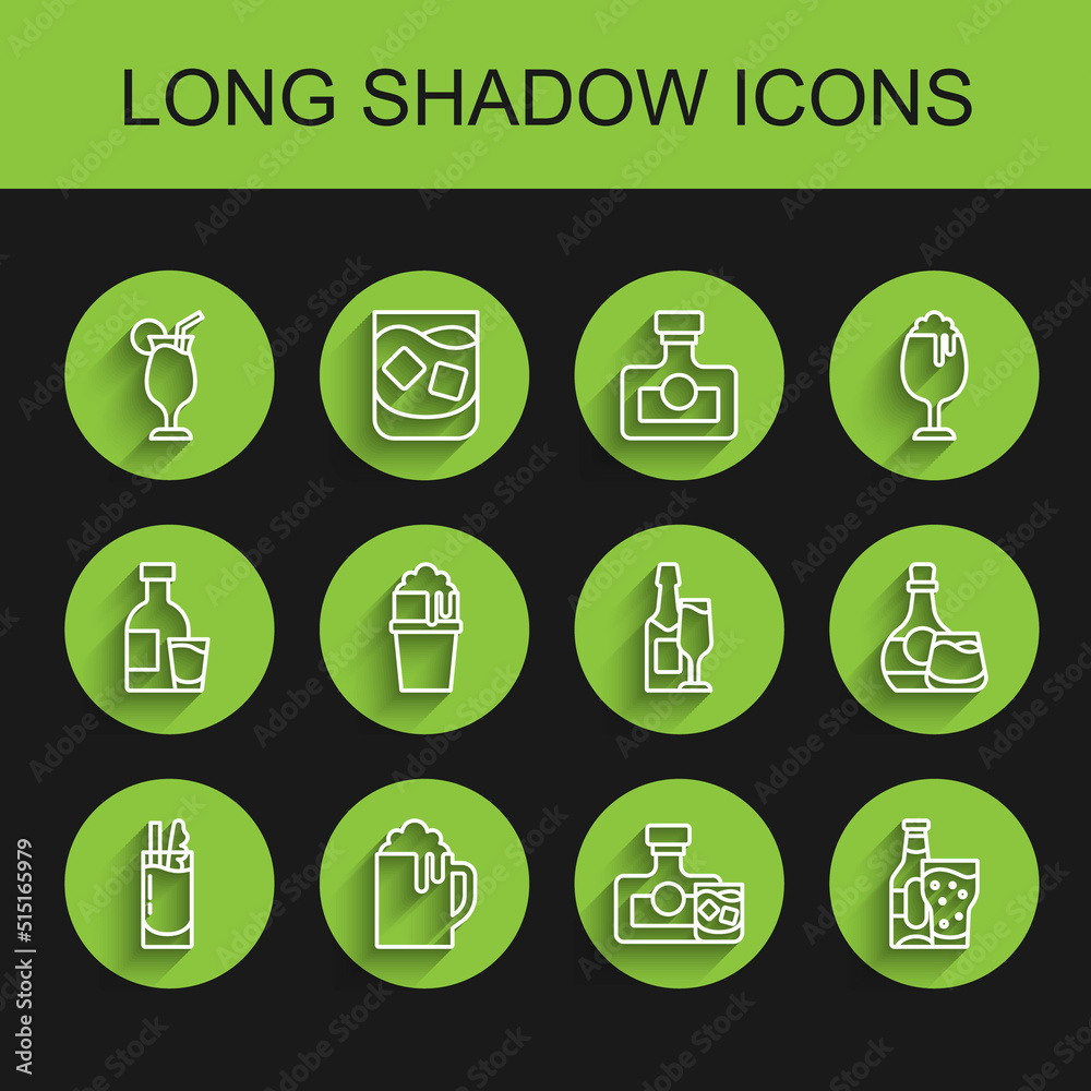 Set line Cocktail Bloody Mary, Wooden beer mug, Whiskey bottle and glass, Beer, Glass of, and Champagne icon. Vector Set line Cocktail Bloody Mary, Wooden beer mug, Whiskey bottle and glass, Beer, Glass of, and Champagne icon. Vector