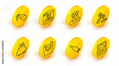 Set line Wanted poster, Bullet, Thief surrendering hands up, Wallet, Judge gavel, Arson home, Internet piracy and Cocktail molotov icon. Vector