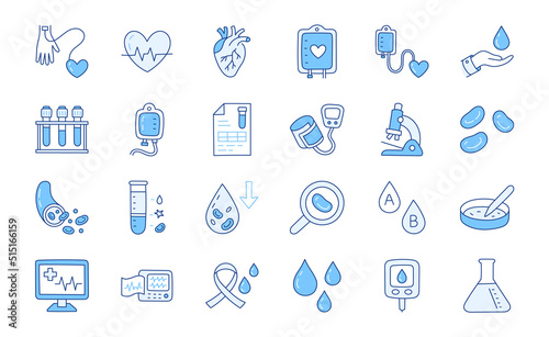 Medical blood doodle illustration including icons - transfusion, sphygmomanometer, glucometer, cardiology, microscope, laboratory tube. Thin line art about hematology. Blue Color, Editable Stroke