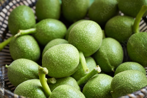 Close up of fresh green unripe walnuts in spring