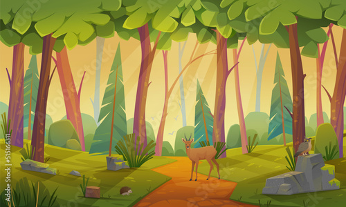 Trail in woods landscape summer scene illustration. Path between trees  green grass  forest wild animals  bushes and leaves on trees. Nature scene of garden or natural park in daylight  adventure time