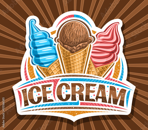 Vector logo for Ice Cream, cut paper sign board for kids cafe with illustration of triple vivid icecreams in waffle cones, unique brush lettering for brown words ice cream on rays of light background photo