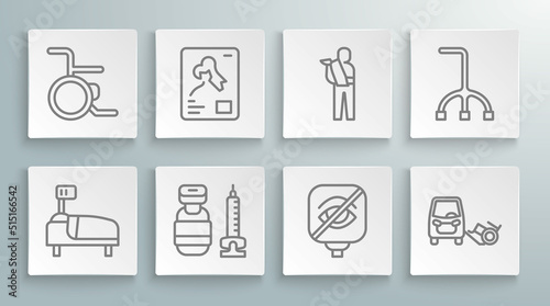 Set line Hospital bed, X-ray shots, Syringe, Blindness, Disabled car, Human broken arm, Walking stick cane and Wheelchair icon. Vector