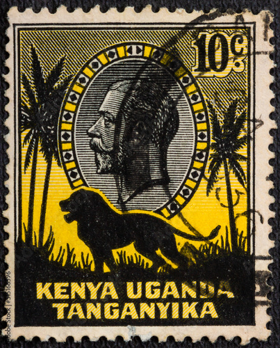 KENYA, UGANDA AND TANGANYIKA - CIRCA 1935: a stamp printed in East Africa showing image of a lion and palm trees against the portrait of King George V, circa 1935.