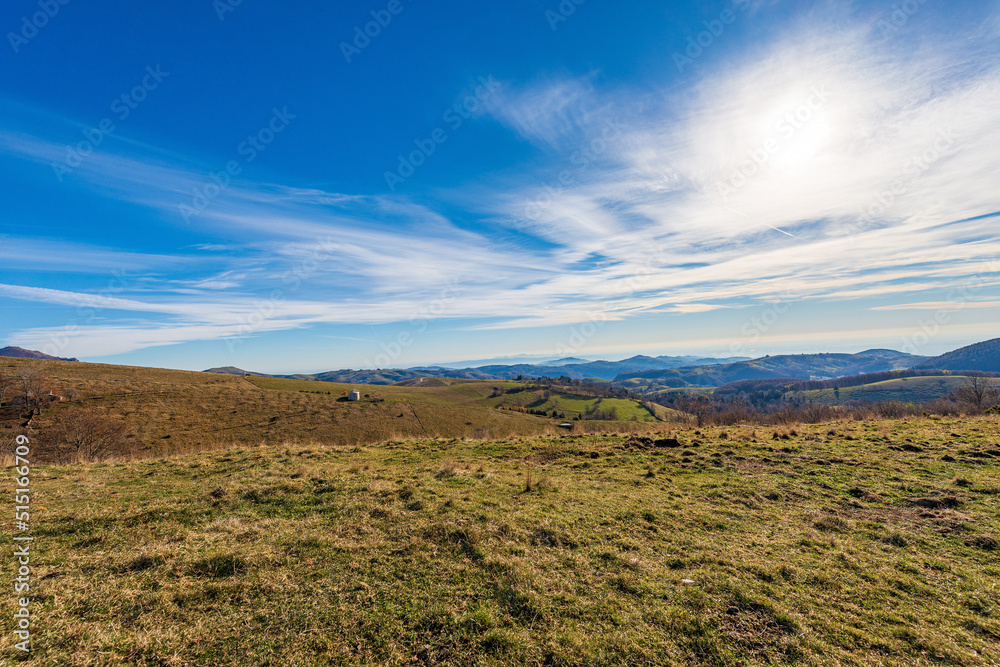 Aerial view of Padana Plain or Po valley in autumn view from the Lessinia plateau (Altopiano della Lessinia) Regional Natural Park, Verona province, Veneto, Italy, Europe.