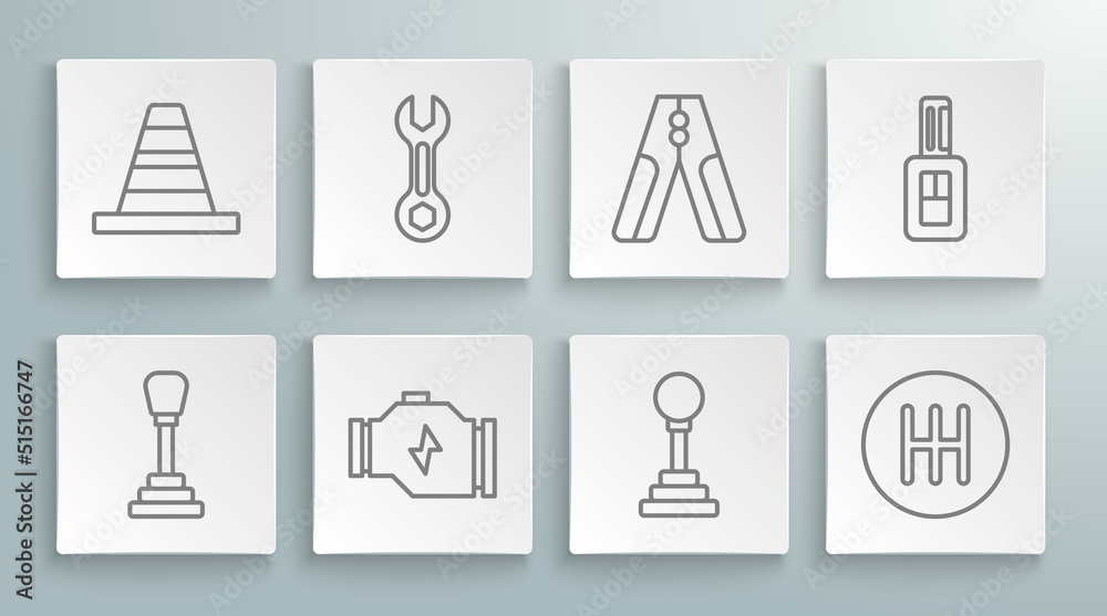 Set line Gear shifter, Wrench spanner, Check engine, Car battery jumper power cable, key with remote and Traffic cone icon. Vector Set line Gear shifter, Wrench spanner, Check engine, Car battery jumper power cable, key with remote and Traffic cone icon. Vector