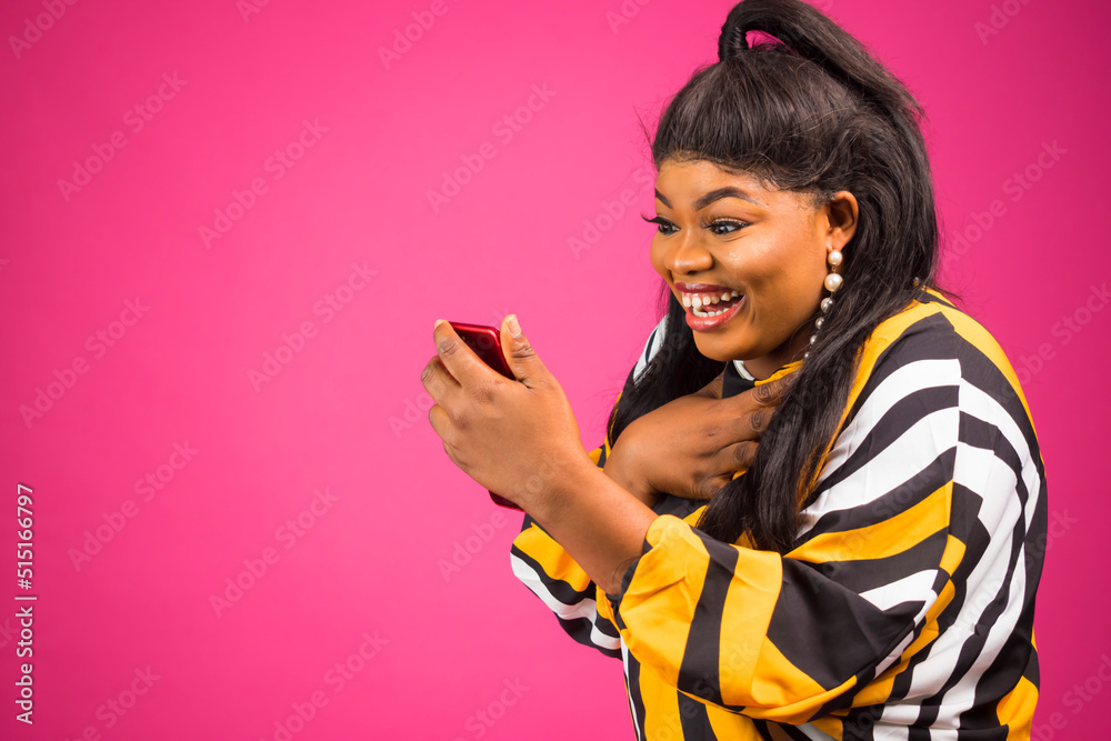 Excited Black African with make up Lady Shopping Online Using Smartphone Excited Black African with make up Lady Shopping Online Using Smartphone
