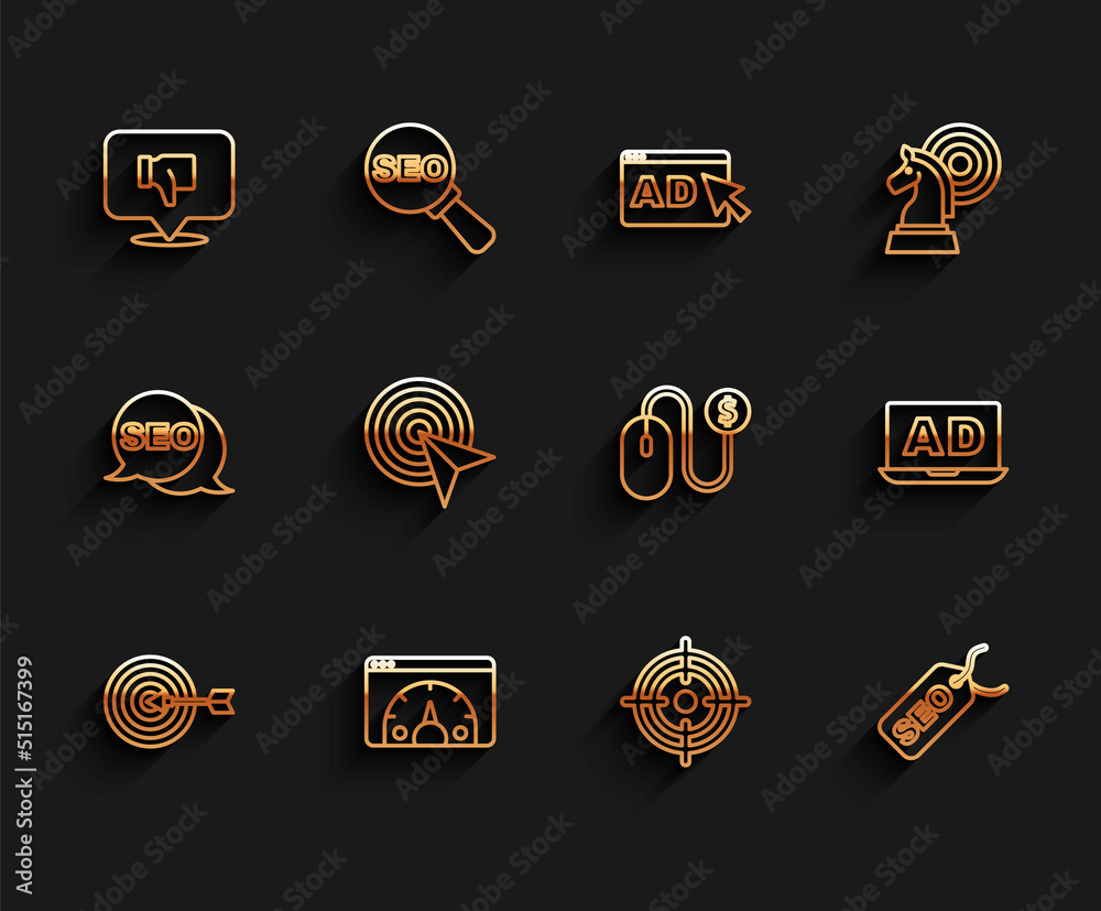 Set line Target, Website statistic, Dislike in speech bubble, SEO optimization, Advertising and icon. Vector Set line Target, Website statistic, Dislike in speech bubble, SEO optimization, Advertising and icon. Vector