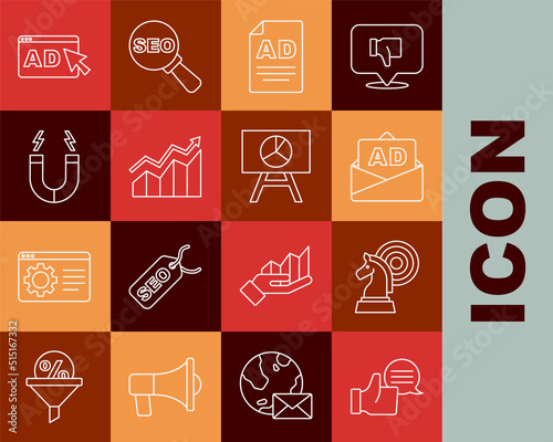 Set line Customer product rating, Chess, Advertising, Financial growth increase, Magnet, and Board with graph chart icon. Vector