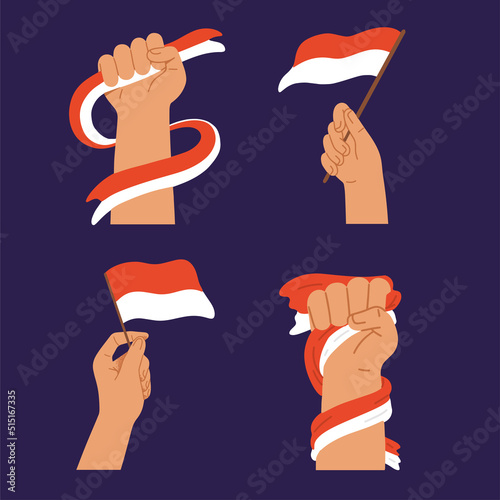 Human Hand Hold Waving Flag of Indonesia Independent.