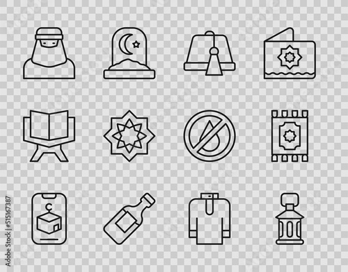 Set line Star and crescent, Ramadan Kareem lantern, Turkish hat, Bottle of water, Muslim woman in niqab, Octagonal star, Shirt kurta and Traditional carpet icon. Vector