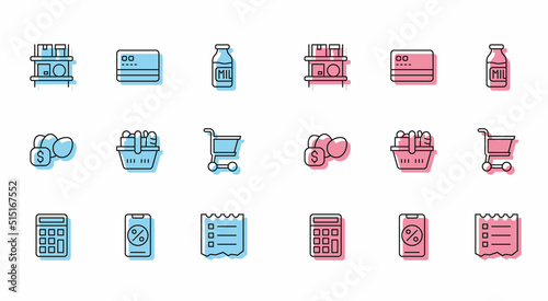 Set line Calculator, Percent discount and mobile, Warehouse interior with boxes, Shopping list, basket food, cart, Price tag for egg and Credit card icon. Vector